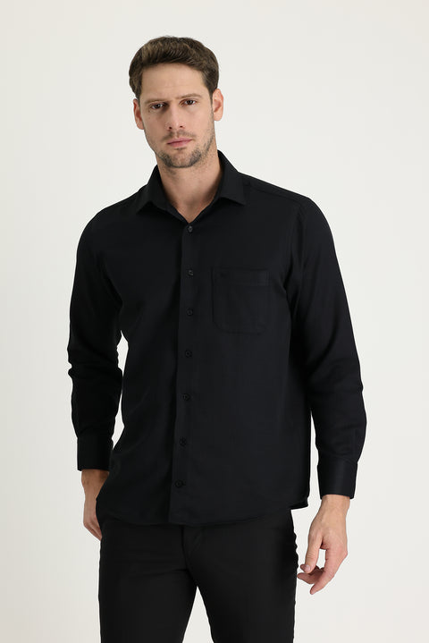 Black Long-Sleeve Classic Patterned Cotton Easy-Iron Shirt