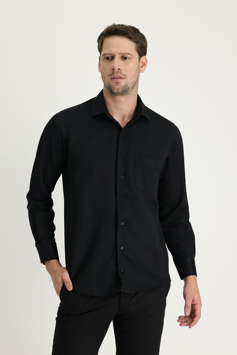 Black Long-Sleeve Classic Patterned Cotton Easy-Iron Shirt
