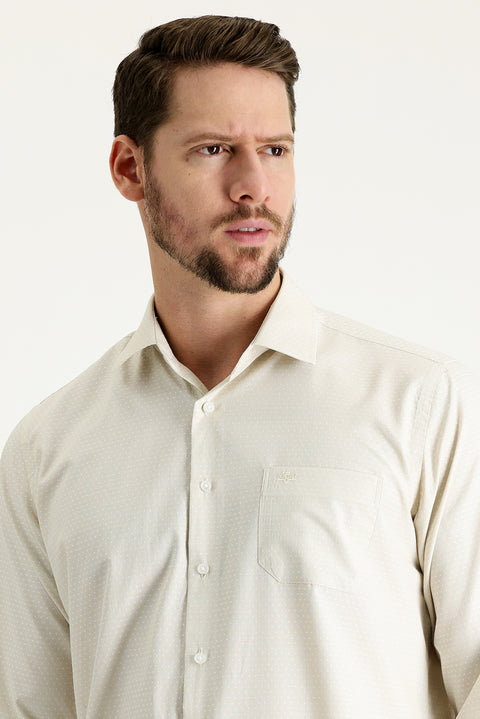 Cream Long-Sleeve Classic Patterned Cotton Shirt