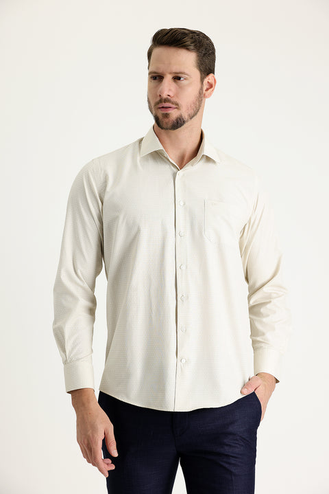 Cream Long-Sleeve Classic Patterned Cotton Shirt