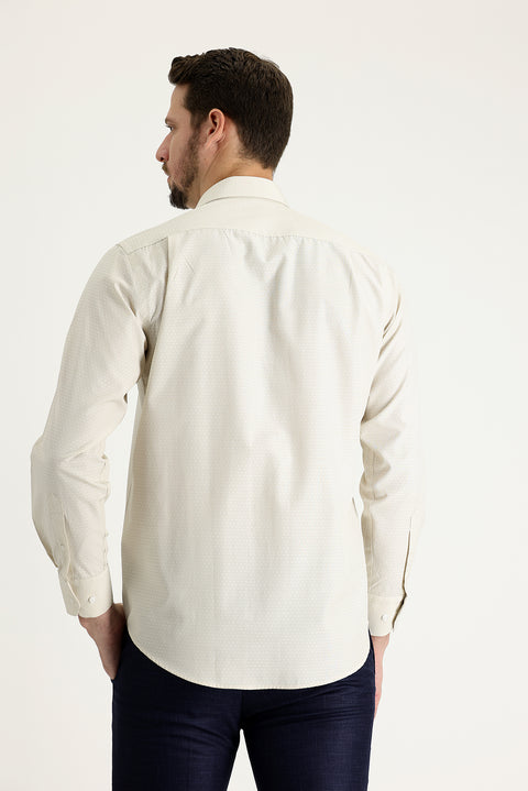 Cream Long-Sleeve Classic Patterned Cotton Shirt
