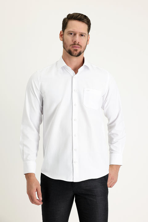 White Long-Sleeve Classic Patterned Cotton Easy-Iron Shirt