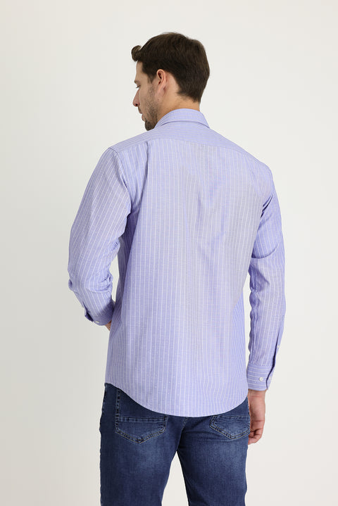 Medium Navy Long Sleeve Classic Patterned Cotton Easy-Iron Shirt