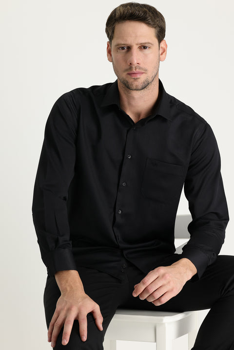 Black Long-Sleeve Classic Patterned Cotton Easy-Iron Shirt