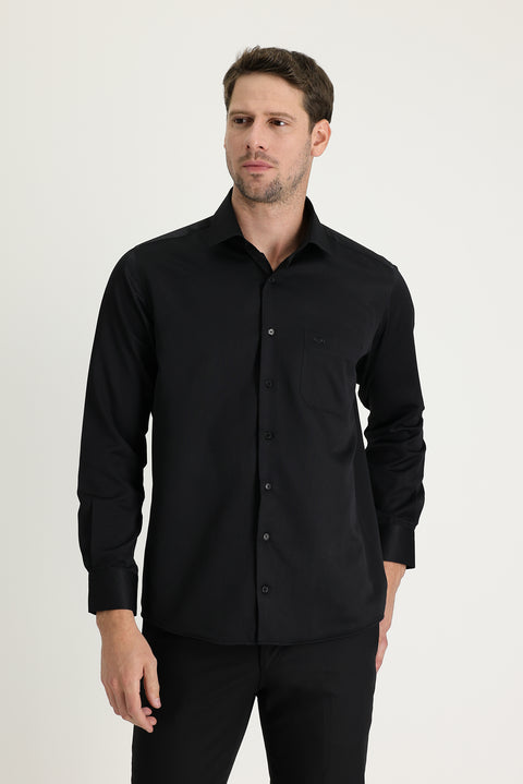 Black Long-Sleeve Classic Patterned Cotton Easy-Iron Shirt