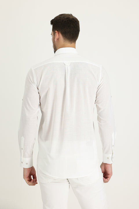 Off-White Long Sleeve Relaxed Fit Linen-Look Cotton Shirt
