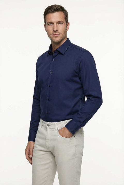 Dark Navy Long Sleeve Classic Nano Care Water Repellent Stain Resistant 4 Seasons Cotton Shirt