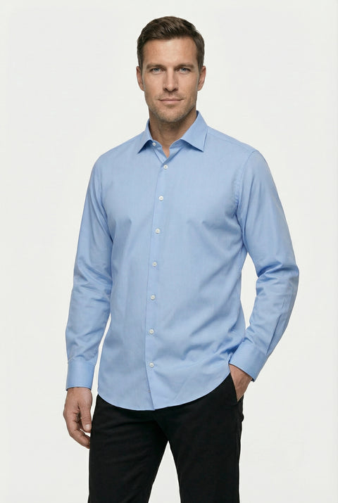 Light Blue Long Sleeve Classic Nano Care Water Repellent Stain Resistant 4 Seasons Cotton Shirt