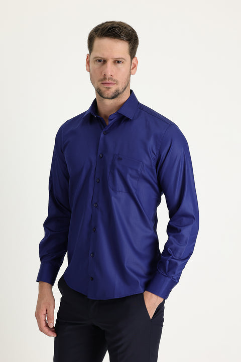 Medium Navy Long Sleeve Non-Iron Satin Classic Cotton Shirt