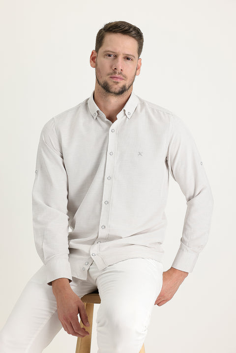 Light Beige Long Sleeve Relaxed Fit Linen-Look Shirt