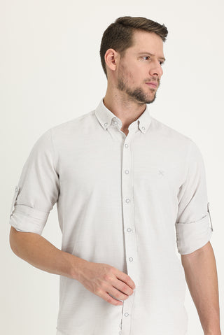  Açık Bej Uzun Kol Relaxed Fit Rahat Kesim Keten Görünümlü Gömlek