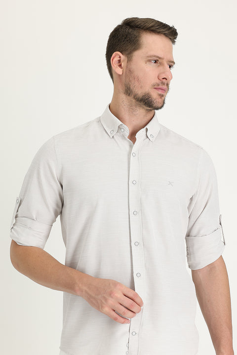 Light Beige Long Sleeve Relaxed Fit Linen-Look Shirt
