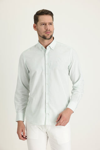 Su Yeşili Uzun Kol Relaxed Fit Rahat Kesim Keten Görünümlü Gömlek