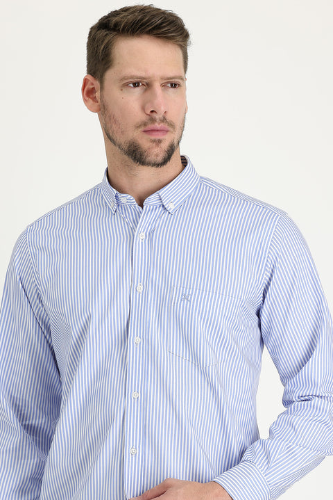 Light Blue Long Sleeve Regular Fit Striped Cotton Shirt
