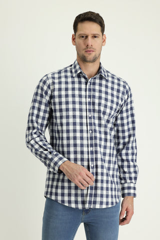  Orta Lacivert Uzun Kol Relaxed Fit Rahat Kesim Oversize Ekose Pamuk Gömlek