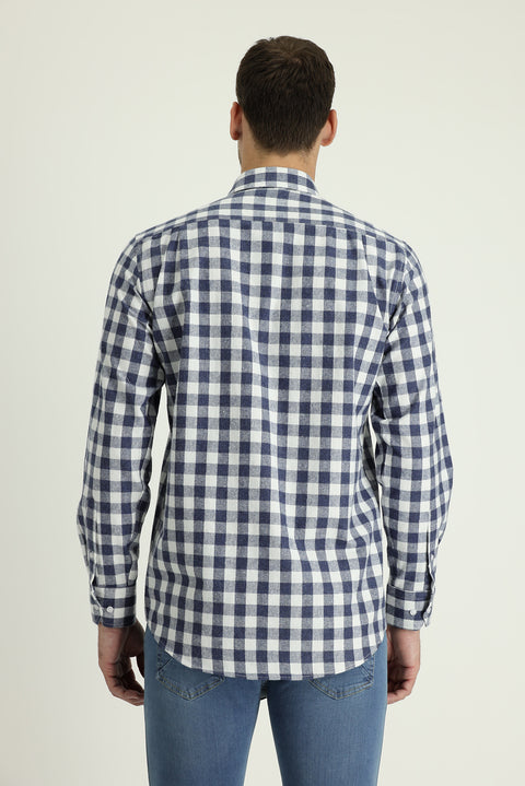 Medium Navy Long Sleeve Relaxed Fit Oversize Plaid Cotton Shirt