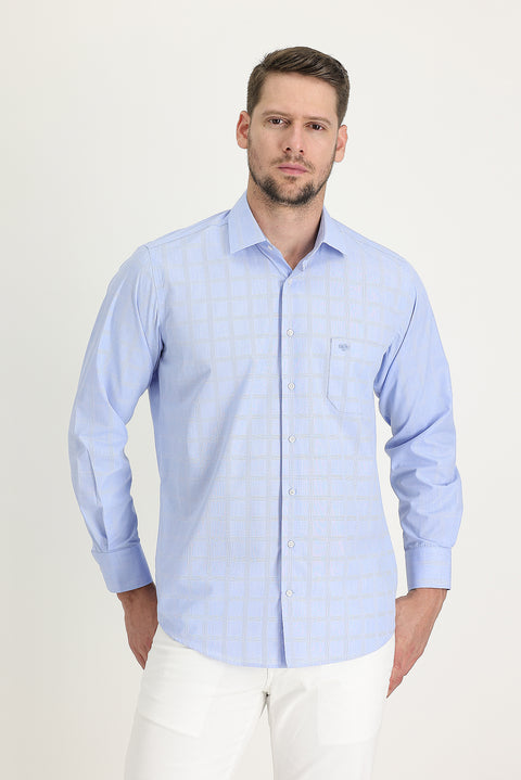 Light Blue Long Sleeve Regular Fit Plaid Easy-Iron Shirt