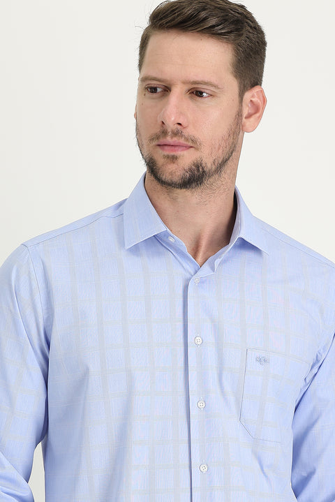Light Blue Long Sleeve Regular Fit Plaid Easy-Iron Shirt