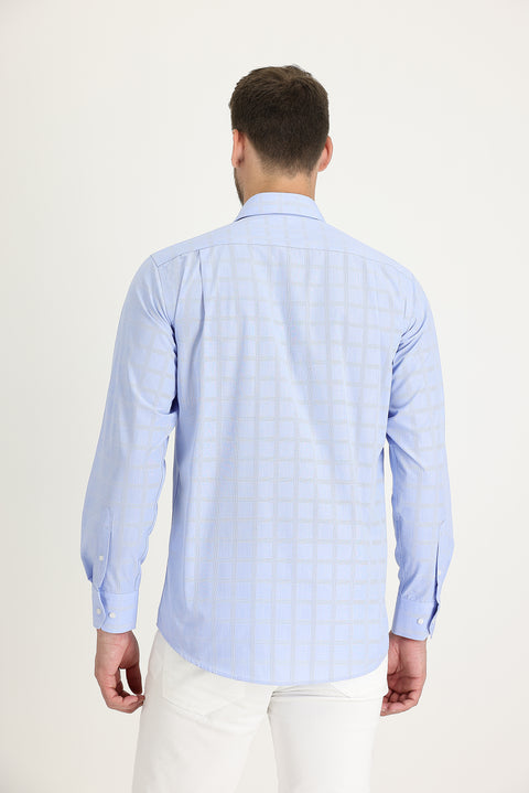 Light Blue Long Sleeve Regular Fit Plaid Easy-Iron Shirt