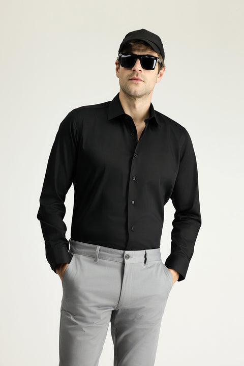 Siyah Uzun Kol Slim Fit Dar Kesim Klasik Nano Care Su İtici Leke Tutmaz 4 Mevsim Pamuk Gömlek
