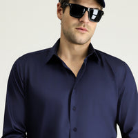 Dark Navy Long Sleeve Slim Fit Classic Nano Care Water Repellent Stain Resistant 4 Seasons Cotton Shirt