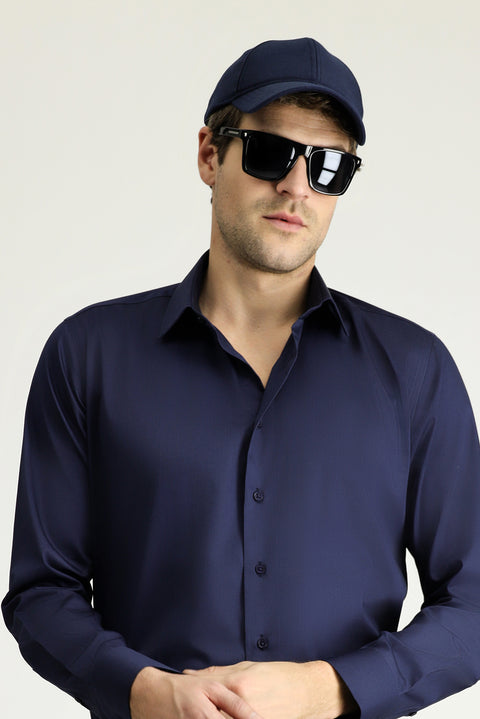 Dark Navy Long Sleeve Slim Fit Classic Nano Care Water Repellent Stain Resistant 4 Seasons Cotton Shirt