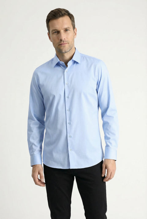 Light Blue Long Sleeve Slim Fit Classic Nano Care Water Repellent Stain Resistant 4 Seasons Cotton Shirt