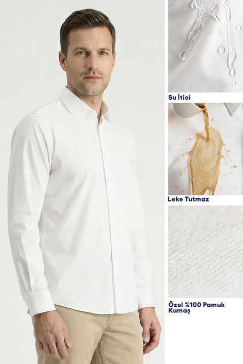 White Long Sleeve Slim Fit Classic Nano Care Water Repellent Stain Resistant 4 Seasons Cotton Shirt
