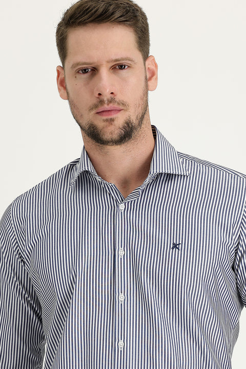 Medium Navy Long Sleeve Slim Fit Classic Striped Cotton Shirt