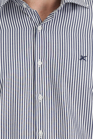  Orta Lacivert Uzun Kol Slim Fit Dar Kesim Klasik Çizgili Pamuklu Gömlek