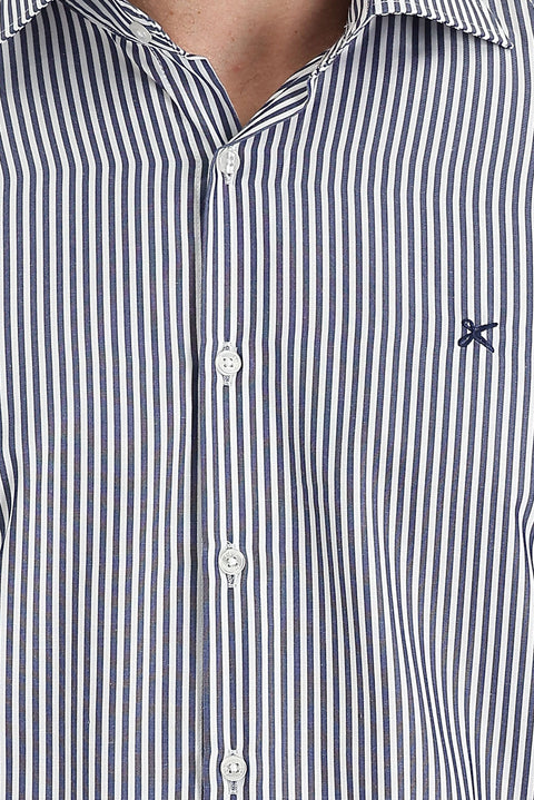 Medium Navy Long Sleeve Slim Fit Classic Striped Cotton Shirt