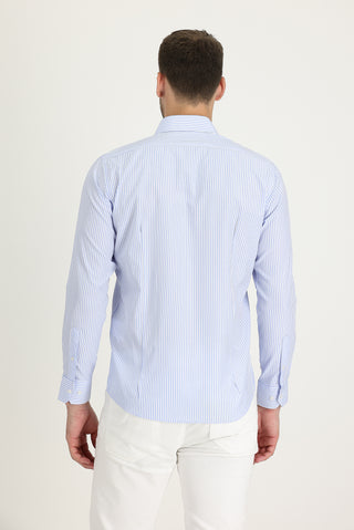 Açık Mavi Uzun Kol Slim Fit Dar Kesim Klasik Çizgili Gömlek