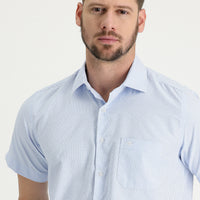 Light Blue Short Sleeve Regular Fit Plaid Cotton Easy-Iron Shirt