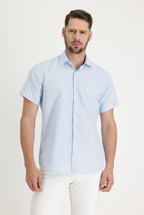 Light Blue Short Sleeve Regular Fit Plaid Cotton Easy-Iron Shirt