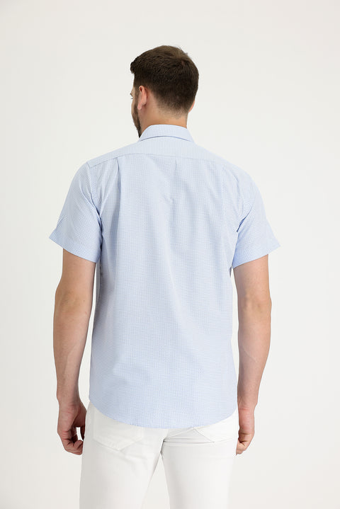 Light Blue Short Sleeve Regular Fit Plaid Cotton Easy-Iron Shirt
