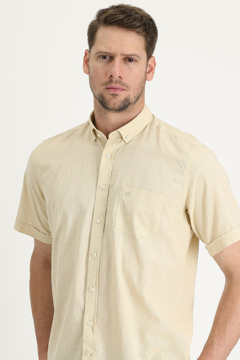 Light Beige Short Sleeve Regular Fit Cotton Shirt