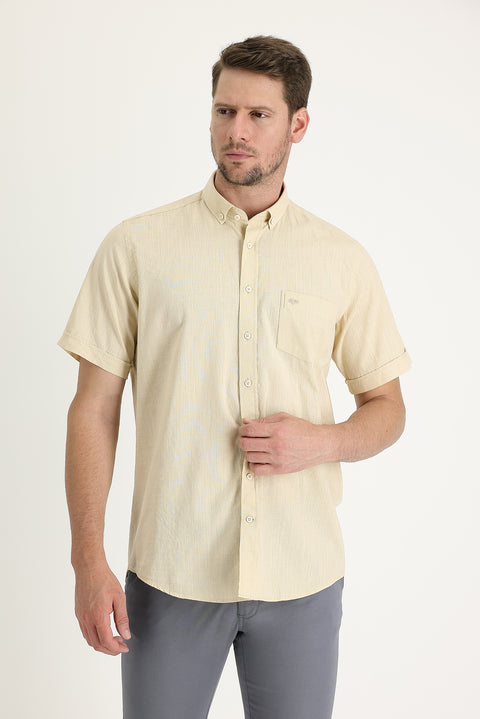 Light Beige Short Sleeve Regular Fit Cotton Shirt