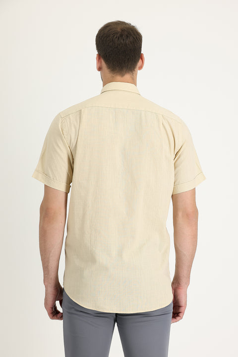 Light Beige Short Sleeve Regular Fit Cotton Shirt