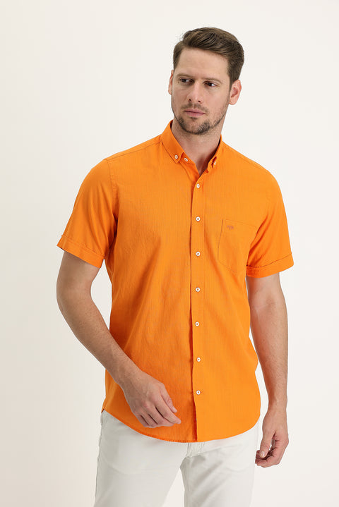Medium Orange Short Sleeve Regular Fit Cotton Shirt