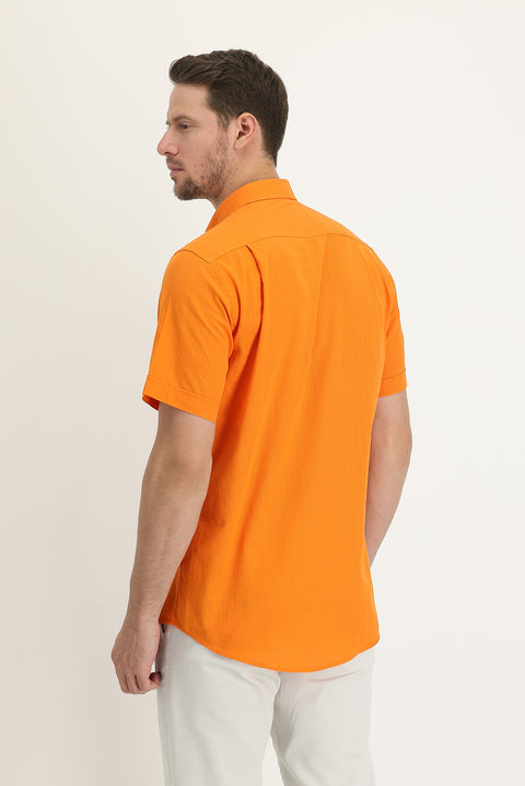 Medium Orange Short Sleeve Regular Fit Cotton Shirt