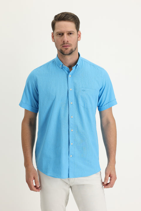 Light Turquoise Short Sleeve Regular Fit Cotton Shirt
