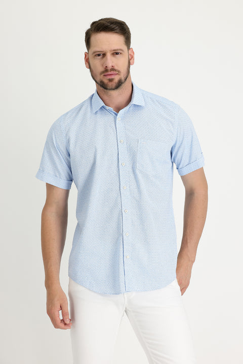 Aqua Blue Short Sleeve Regular Fit Patterned Shirt