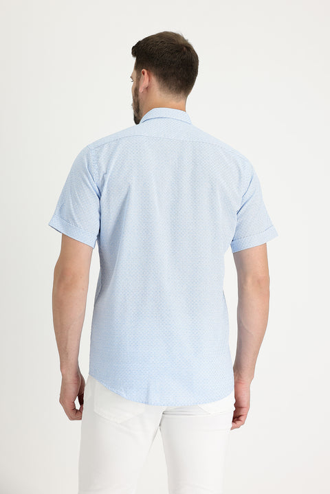 Aqua Blue Short Sleeve Regular Fit Patterned Shirt