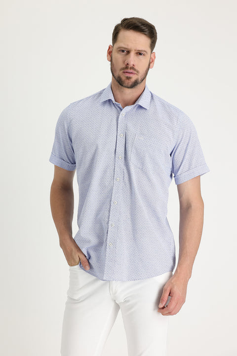 Navy Blue Short Sleeve Regular Fit Patterned Cotton Shirt