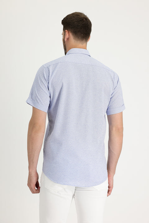 Navy Blue Short Sleeve Regular Fit Patterned Cotton Shirt