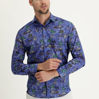 Koyu Mavi  Uzun Kol Baskılı Slim Fit Gömlek