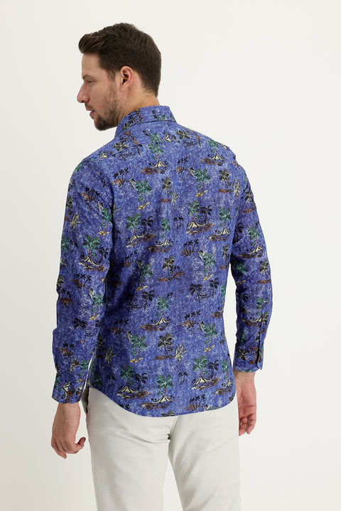 Koyu Mavi  Uzun Kol Baskılı Slim Fit Gömlek