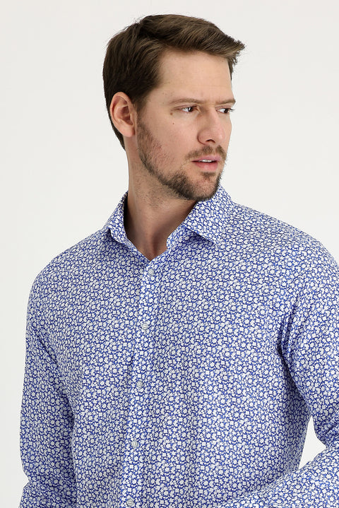 Sky Blue Long Sleeve Slim Fit Printed Cotton Shirt