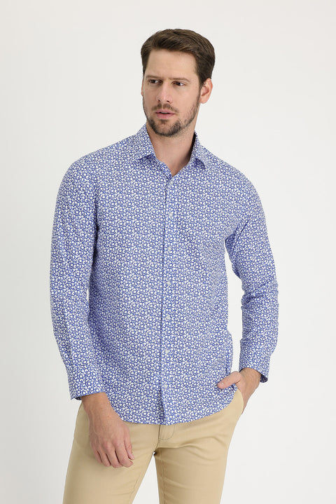 Sky Blue Long Sleeve Slim Fit Printed Cotton Shirt