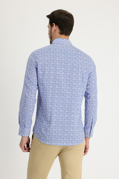 Sky Blue Long Sleeve Slim Fit Printed Cotton Shirt